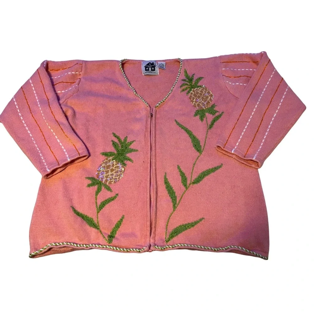 Storybook Knits Pink Pineapple Sequin Embroidered Zipper Cardigan Sweater 1X - Picture 1 of 6
